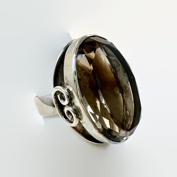 Smoky Quartz Ring, Sterling Silver, 30s, 40s, Statement, Smokey, Big, Size 6 - Picture 5 of 6
